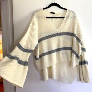 Shein white and grey striped sweater with bell sleeves